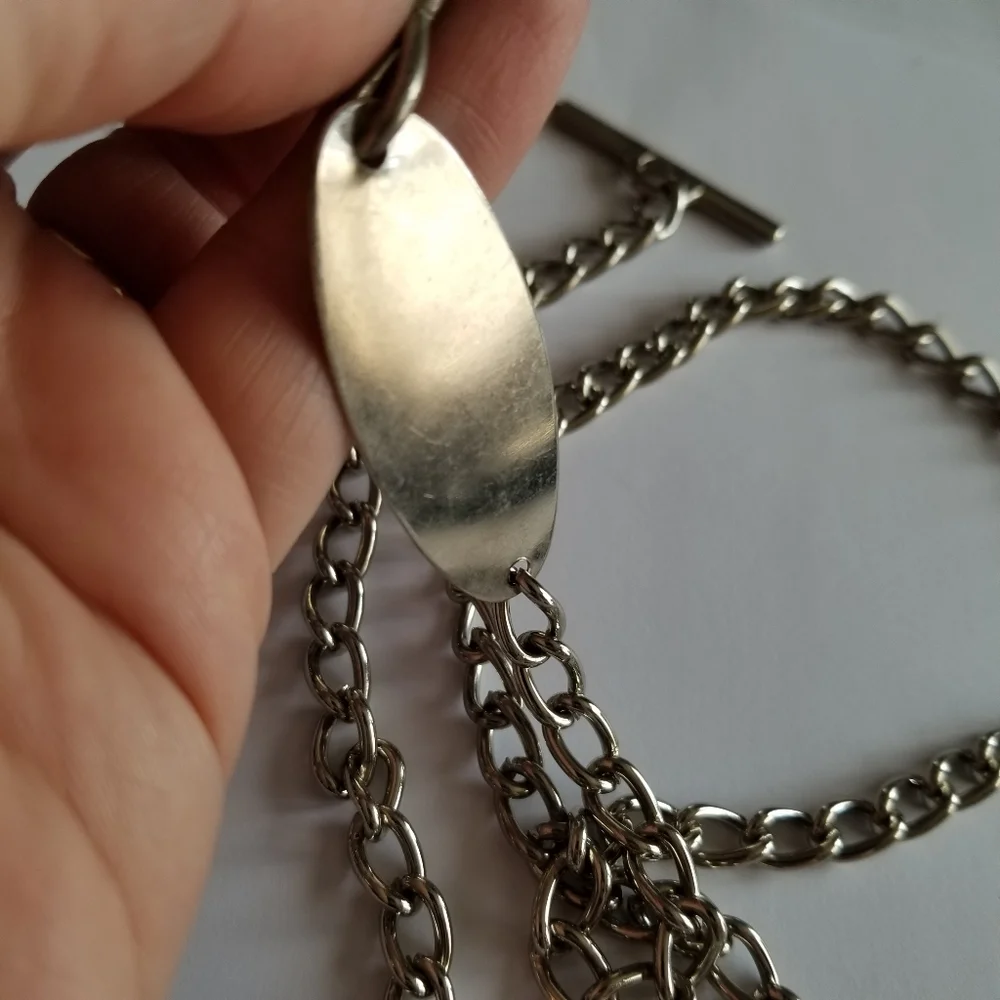 Long silver tone chain - belt or watch chain? Necklace? Engraveable plate